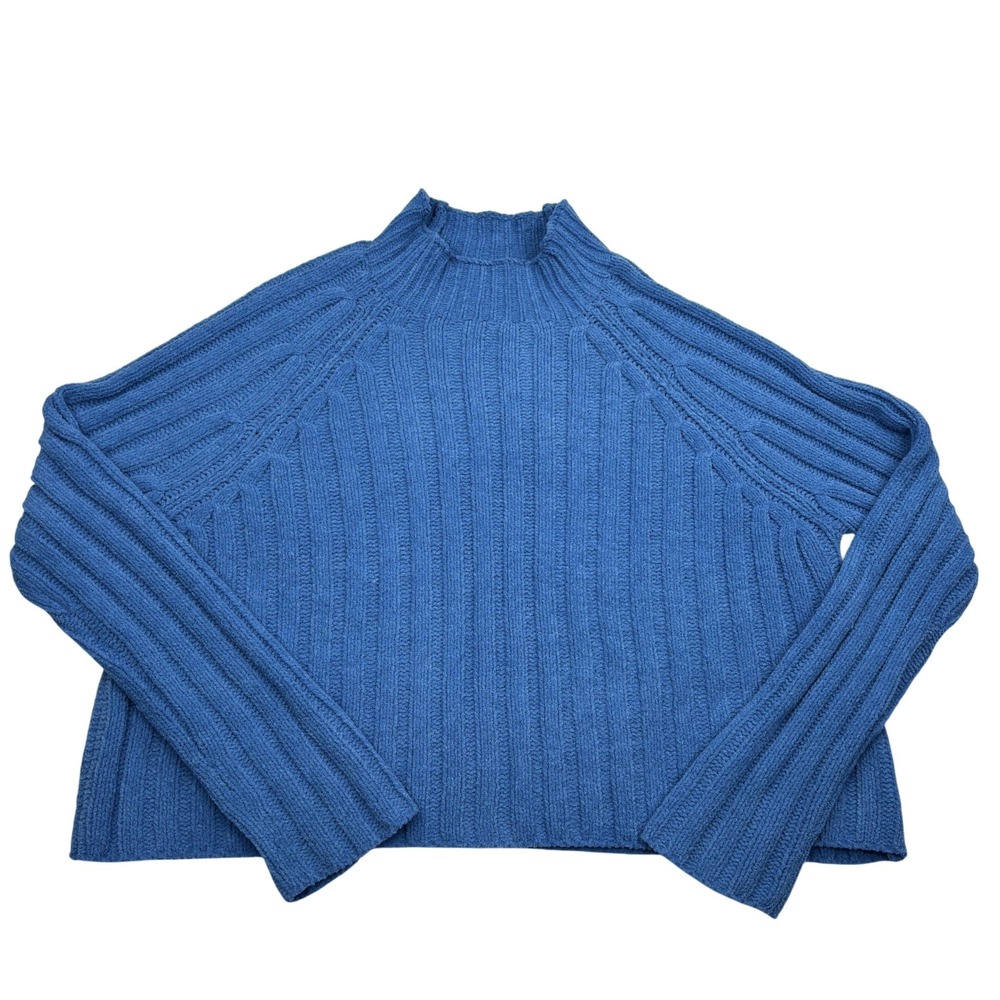American Eagle Chenille Ribbed Mock Neck Sweater Womens Large Blue Cropped Knit